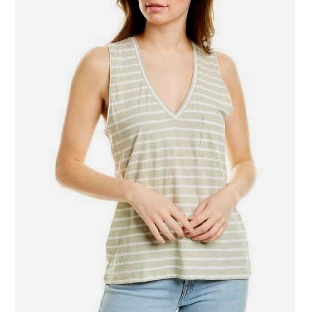 NWT Madewell Whisper Cotton Stripe V-Neck Pocket Sleeveless Tank Top, Size L